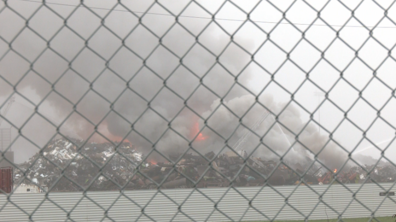 A large fire at the American Iron and Metal recycling facility in Saint John, N.B., on Sept. 14, 2023. (Avery MacRae/CTV Atlantic)