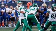 Saskatchewan Roughriders quarterback Jake Dolegala (9) throws during the second half of CFL football action against the Winnipeg Blue Bombers in Winnipeg Saturday, September 9, 2023. THE CANADIAN PRESS/John Woods