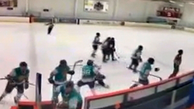 Two men's recreational hockey teams fight can be seen fighting with their hockey sticks at a Toronto arena. (Courtesy of LiveBarn)