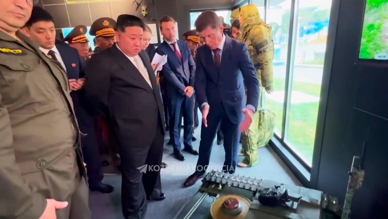 In this image taken from video released on the telegram channel of the governor of the Russian far eastern region of Primorsky Krai, Oleg Kozhemyako, on Sept. 17, 2023, North Korea's leader Kim Jong Un visits an exhibition of military equipment, uniforms and weapons produced in Primorsky Krai region, in Vladivostok, Russian Far East. (Governor of the Russian far eastern region of Primorsky Krai Oleg Kozhemyako telegram channel via AP)