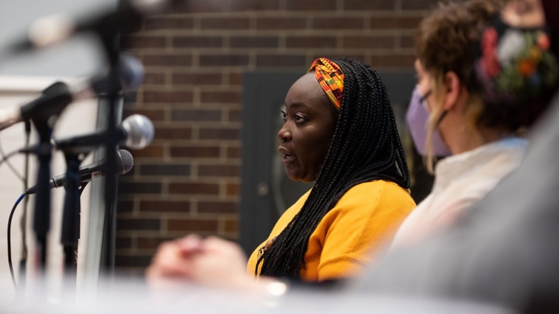 Debbie Owusu-Akyeeah, the executive director of the Canadian Centre for Gender and Sexual Diversity, is a commissioner for the Ottawa People's Commission on the Convoy Occupation. She speaks during a news conference in Ottawa, on April 4, 2023. (THE CANADIAN PRESS/Spencer Colby)