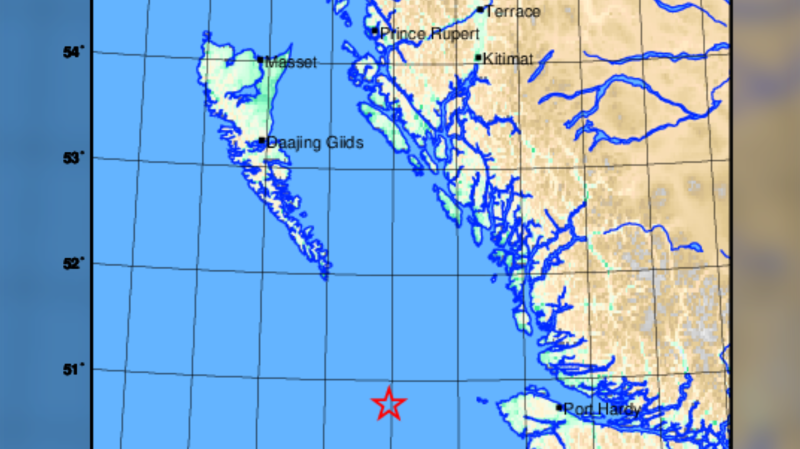 A map from Earthquakes Canada shows the approximate location of an earthquake that occurred off the coast of Port Hardy, B.C. on Sept. 17, 2023. (Earthquakes Canada)
