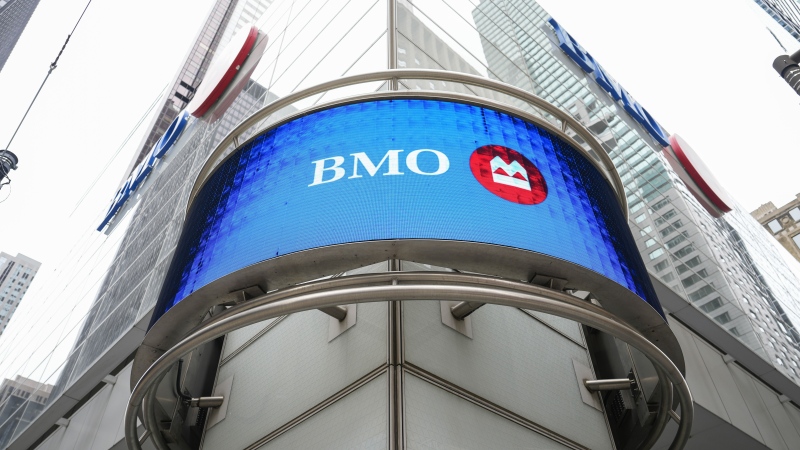 Bank of Montreal signage is pictured in the financial district in Toronto, Friday, Sept. 8, 2023. (THE CANADIAN PRESS/Andrew Lahodynskyj)