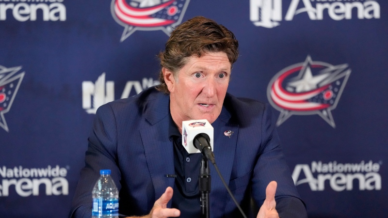 Columbus Blue Jackets NHL hockey head coach Mike Babcock speaks to the media during an introductory press conference Saturday, July 1, 2023, in Columbus, Ohio. (Kyle Robertson/The Columbus Dispatch via AP, File)