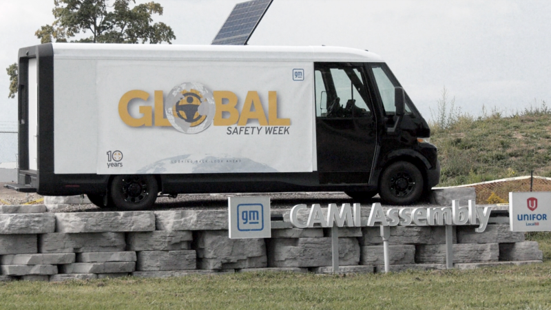 A Brightdrop delivery vehicle at the Cami electric vehicle plant in Ingersoll, seen on Sept. 17, 2023. (Bryan Bicknell/CTV News London) 