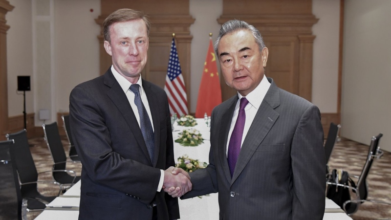 In this photo released by Xinhua News Agency, Chinese Foreign Minister Wang Yi, right, shakes hands with U.S. National Security Advisor Jake Sullivan in Malta on Sept. 16, 2023. (Lian Yi/Xinhua via AP)