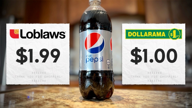 Price comparison: a bottle of diet Pepsi at Loblaws vs. Dollarama. (Dave Charbonneau/CTV News Ottawa)