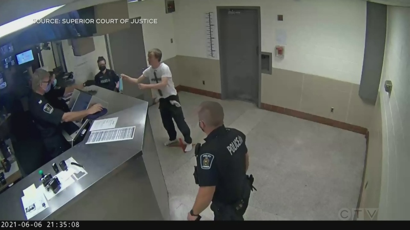 Nathaniel Veltman is seen in surveillance footage taken inside the London Police Headquarters in London, Ont. on June 6, 2021. (Source: Superior Court of Justice) 