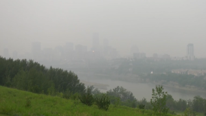 Wildfire smoke obstructs the skyline of Edmonton in July 2023. (CTV News Edmonton)
