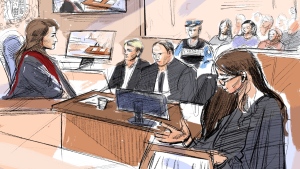 Justice Renee Pomerance (left to right), Nathaniel Veltman, defence counsel Peter Ketcheson and federal prosecutor Sarah Shaikh attend court at Veltman's trial in Windsor, Ont., Monday, Sept.11, 2023. Federal prosecutors are arguing that a man facing murder charges in the deaths of four members of a Muslim family in Ontario was motivated by white nationalist beliefs, branding the attack as an act of terrorism. THE CANADIAN PRESS/Alexandra Newbould