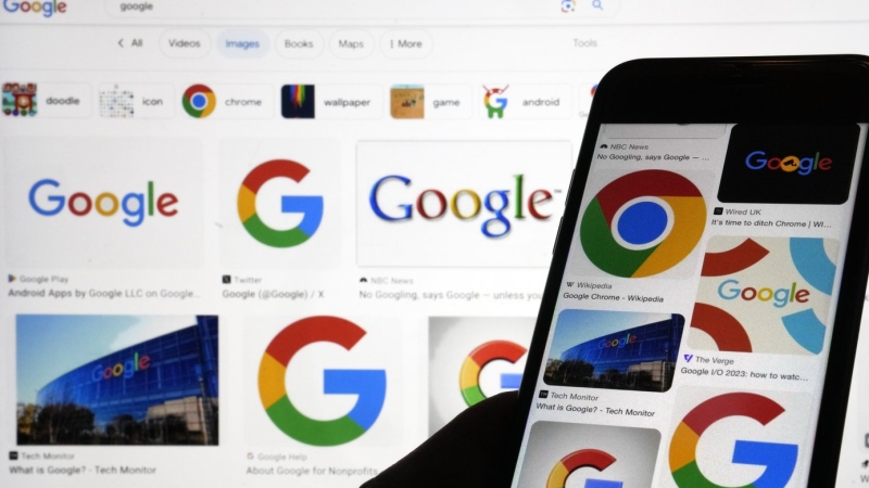 Various Google logos are displayed on a Google search, Monday, Sept. 11, 2023, in New York. (AP Photo/Richard Drew, File)