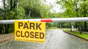 Point Pleasant Park is closed in Halifax, during post-tropical storm Lee on Saturday, September 16, 2023. THE CANADIAN PRESS/Kelly Clark