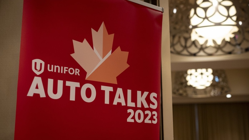 Signage for Unifor’s auto talks is shown in Toronto on Thursday, Aug. 10, 2023. (THE CANADIAN PRESS/ Tijana Martin)