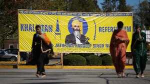 A photograph of late temple president Hardeep Singh Nijjar is seen on a banner outside the Guru Nanak Sikh Gurdwara Sahib, in Surrey, B.C., on Monday, Sept. 18, 2023. THE CANADIAN PRESS/Darryl Dyck