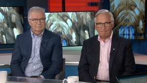 Former national security advisers Richard Fadden (right) and Vincent Rigby (left) appearing on Power Play with Vassy Kapelos. (CTV News)