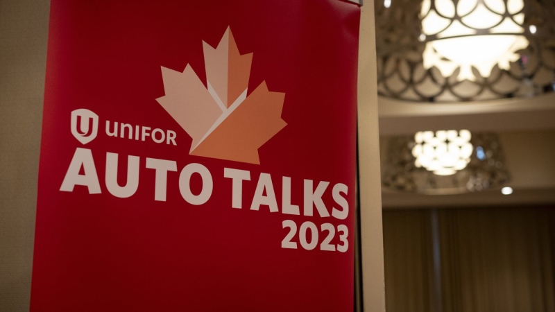 Signage for Unifor’s auto talks is shown in Toronto on Thursday, Aug. 10, 2023. THE CANADIAN PRESS/ Tijana Martin