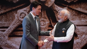 Indian Prime Minister Narendra Modi welcomes Canada Prime Minister Justin Trudeau upon his arrival at Bharat Mandapam convention center for the G20 Summit, in New Delhi, India, Saturday, Sept. 9, 2023. Canada has expelled a top Indian diplomat on Monday, Sept. 18, 2023, as it investigates what Prime Minister Trudeau called credible allegations that India’s government may have had links to the assassination in Canada of a Sikh activist. (AP Photo/Evan Vucci, File)