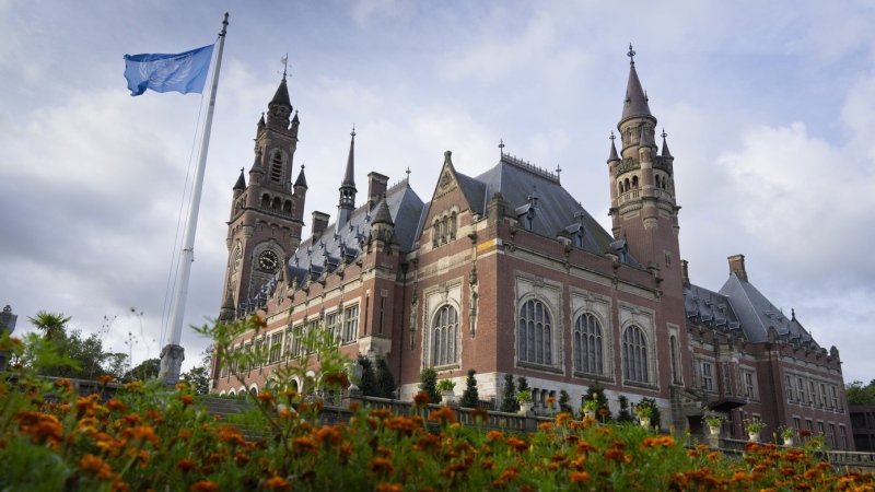View of the Peace Palace which houses World Court where Ukraine's legal battle against Russia over allegations of genocide used by Moscow to justify its 2022 invasion, resumed in The Hague, Netherlands, Tuesday, Sept. 19, 2023. (AP Photo/Peter Dejong)