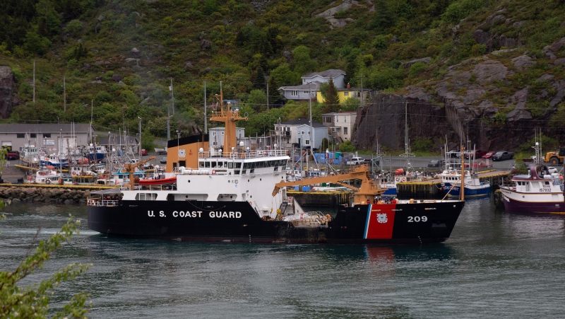 A US Coast Guard ship arrives in the harbour of St. John’s N.L. on Wednesday, June 28, 2023, following the arrival of the ship Horizon Arctic carrying debris from the Titan submersible.The submersible owned by OceanGate Expeditions imploded on its way to the wreck of the Titanic. THE CANADIAN PRESS/Paul Daly
