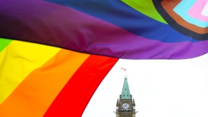 A Pride flag flies on Parliament Hill in Ottawa on Thursday, June 8, 2023, during a Pride event. THE CANADIAN PRESS/Sean Kilpatrick