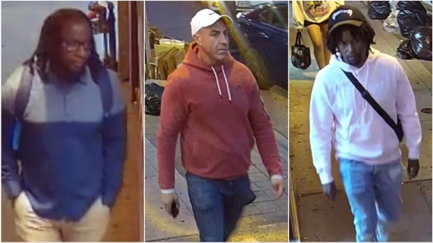 Three men, identified by police as suspects in a high-value downtown Toronto robbery, are seen in these surveillance images. (Toronto Police Service)