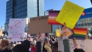 Hundreds of people attend competing protests at City Hall in Barrie, Ont., on Wed., Sept. 20, 2023. (CTV News/Rob Cooper)