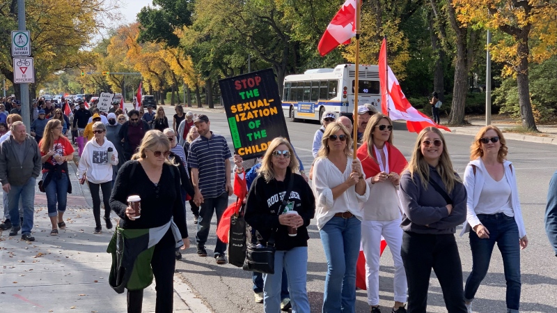 Hundreds marched in Regina as part of nationwide protests against gender identity in schools. (Wayne Mantyka / CTV News) 
