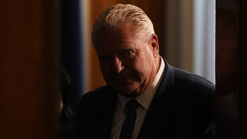 Ontario Premier Doug Ford leaves a news conference following his meeting with Toronto Mayor Olivia Chow at the Queens Park Legislature in Toronto on Monday, Sept.18, 2023.THE CANADIAN PRESS/Chris Young 