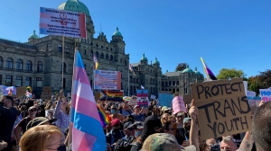 Hundreds of demonstrators gathered at the B.C. legislature in Victoria, where one person was arrested early Wednesday afternoon. (CTV News)