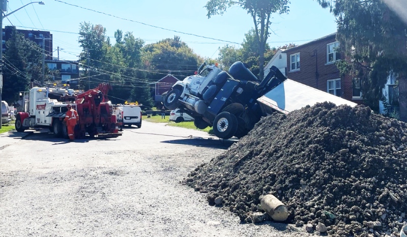 No injuries were reported Wednesday afternoon when a commercial truck got stuck at a construction site in Greater Sudbury. The incident took place on Struthers Street near Griffith Street. (Photo courtesy of Frank Racicot)