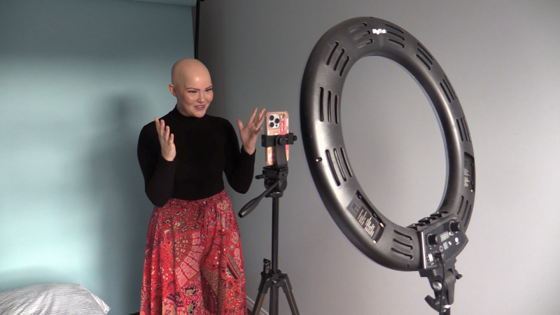 A behind the scenes look at Marcy Gallant, 22, recording a video for her alopecia-based Instagram page on Sept. 20, 2023. (Brent Lale/CTV News London)