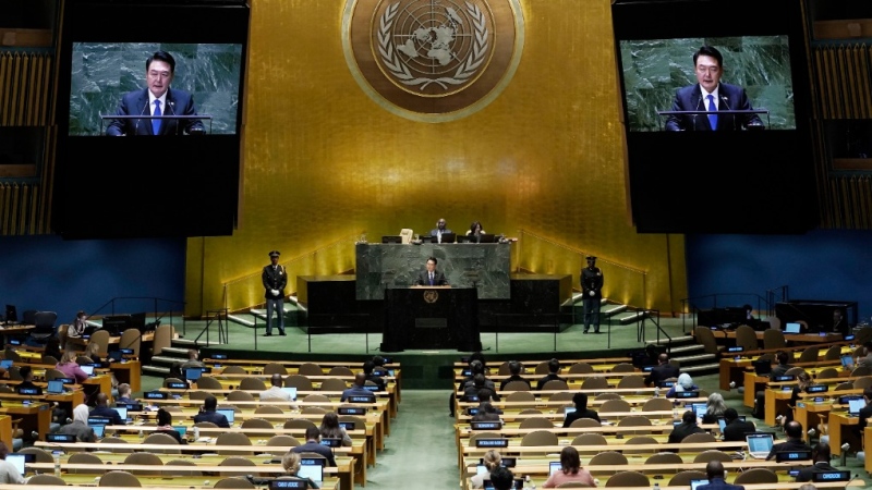 South Korea's President Yoon Suk Yeol addresses the 78th session of the United Nations General Assembly, Wednesday, Sept. 20, 2023. (AP Photo/Richard Drew)