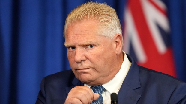 Ontario Premier Doug Ford speaks to journalists at the Queen's Park Legislature in Toronto on Tuesday, September 5, 2023. THE CANADIAN PRESS/Chris Young