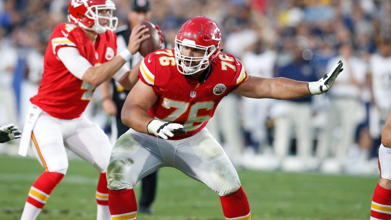 FILE - In this Aug. 20, 2016, file photo, Kansas City Chiefs offensive guard Laurent Duvernay-Tardif (76) blocks during a preseason NFL football game against the Los Angeles Rams in Los Angeles. Duvernay-Tardif was going to get getting a handsome paycheck one way or another. But the soon-to-be doctor probably didn‚Äôt expect it to be a $41.25 million contract to play on the offensive line for the Chiefs (AP Photo/Rick Scuteri, File)