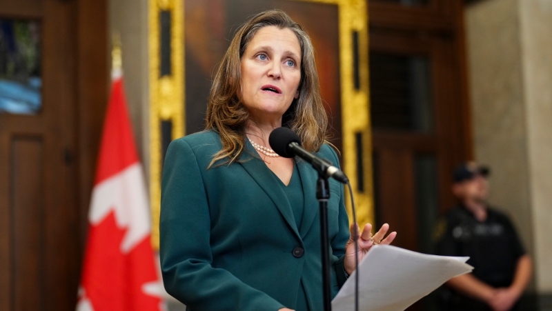 Deputy Prime Minister and Minister of Finance Chrystia Freeland speaks to reporters in the foyer of the House of Commons on Parliament Hill in Ottawa on Tuesday, Sept. 19, 2023. THE CANADIAN PRESS/Sean Kilpatrick