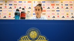 Spain's women's national soccer team head coach Montserrat 'Montse' Tome attends a press conference in Gothenburg, Sweden, Thursday, Sept. 21, 2023, ahead of Friday's UEFA Nations League soccer match against Sweden. (Bjorn Larsson Rosvall/TT News Agency via AP)