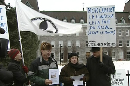The demonstatrators called for Quebec's Archbishop, Marc Cardinal Ouellet, to step down. (Feb. 17, 2010)