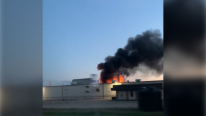 Saskatoon firefighters battled a blaze in an industrial park just outside the city on Wednesday evening. (Courtesy: Carrie Smith)