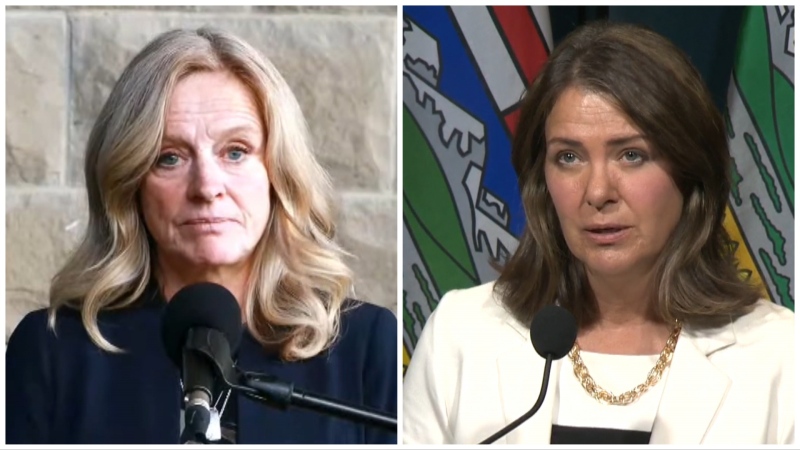 Alberta NDP Leader Rachel Notley (Source: NDP) and Premier Danielle Smith (CTV News Calgary) speak at press conferences in Calgary on September 21, 2023. 