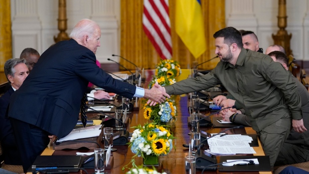 U.s. President Joe Biden shakes hands with Ukrainian President Volodymyr Zelenskyy as they meet in the East Room of the White House, Thursday, Sept. 21, 2023, in Washington. (AP Photo/Evan Vucci)