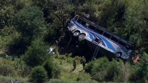 Emergency responders work the scene of a bus crash, in Wawayanda, N.Y., Thursday, Sept. 21, 2023. The charter bus carrying high school students to a band camp hurtled off a New York highway and down an embankment, killing one person and hurting dozens of others, officials said. (NBC New York via AP)