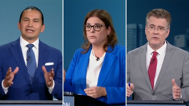 A screenshot of Manitoba's three main party leaders during a one-hour televised debate on Sept. 21, 2023. From left to right: NDP leader Wab Kinew, PC leader Heather Stefanson, Liberal leader Dougald Lamont. (Source: CTV News Winnipeg)