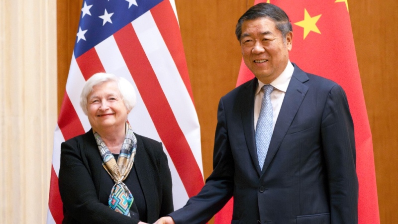 Treasury Secretary Janet Yellen, left, shakes hands with Chinese Vice Premier He Lifeng during a meeting at the Diaoyutai State Guesthouse in Beijing, China, July 8, 2023. The U.S. Treasury Department and China's Ministry of Finance launched a pair of economic working groups on Friday in an effort to ease tensions and deepen ties between the nations. (AP Photo/Mark Schiefelbein, Pool, File)