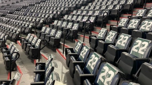 Former Halifax Mooseheads star Nathan Mackinnon's number, 22, spread across the Scotiabank Arena. (CTV/Paul Hollingsworth)
