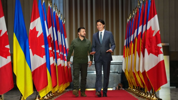 Ukrainian President Volodymyr Zelenskyy and Prime Minister Justin Trudeau arrive for a joint media availability in Ottawa on Friday, Sept. 22, 2023. THE CANADIAN PRESS/Sean Kilpatrick