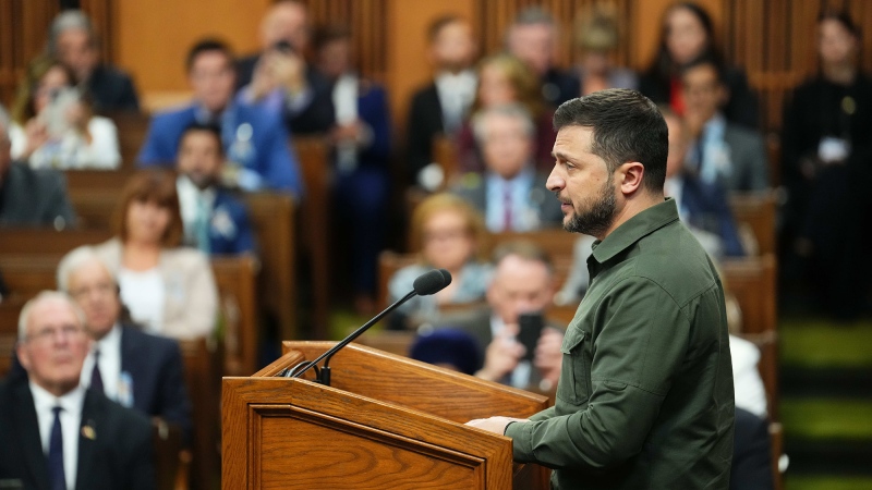Ukrainian President Volodymyr Zelenskyy delivers a speech in the House of Commons in Ottawa on Friday, Sept. 22, 2023. THE CANADIAN PRESS/Sean Kilpatrick