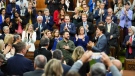 Ukrainian President Volodymyr Zelenskyy receives a standing ovation from Prime Minister Justin Trudeau and parliamentarians after delivering a speech in the House of Commons in Ottawa on Friday, Sept. 22, 2023. THE CANADIAN PRESS/Sean Kilpatrick