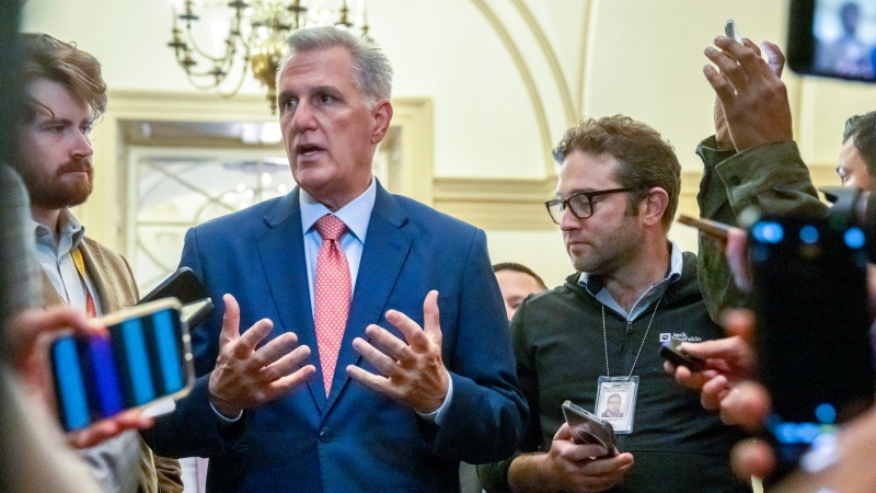House Speaker Kevin McCarthy of Calif., speaks to reporters on Capitol Hill, Friday, Sept. 22, 2023, in Washington. (AP Photo/Mark Schiefelbein)
