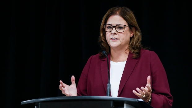 Manitoba PC Leader Heather Stefanson speaks at the Party Leaders Forum – Growing the Economy in Winnipeg Tuesday, September 12, 2023. THE CANADIAN PRESS/John Woods