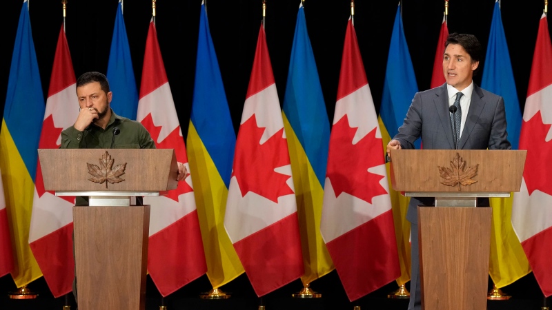 Ukrainian President Volodymyr Zelenskyy, left, and Prime Minister Justin Trudeau speak to the media at a joint press conference on Parliament Hill in Ottawa on Friday, Sept. 22, 2023. THE CANADIAN PRESS/Adrian Wyld